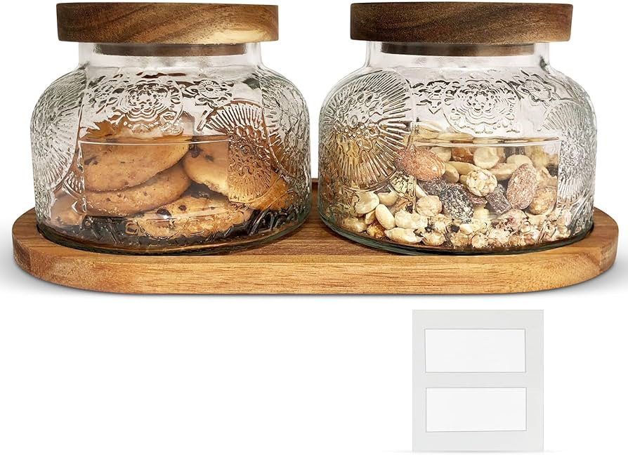Blisome Vintage Glass Jars Set of 2, Wooden Lids and Tray, Canisters for Kitchen Counter, Storage... | Amazon (US)
