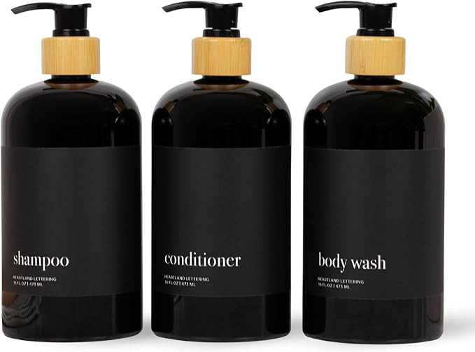 Heartland Lettering's Stylish Glossy Black Shampoo Dispensers with Matte Black Labels, Set of 3 M... | Amazon (US)