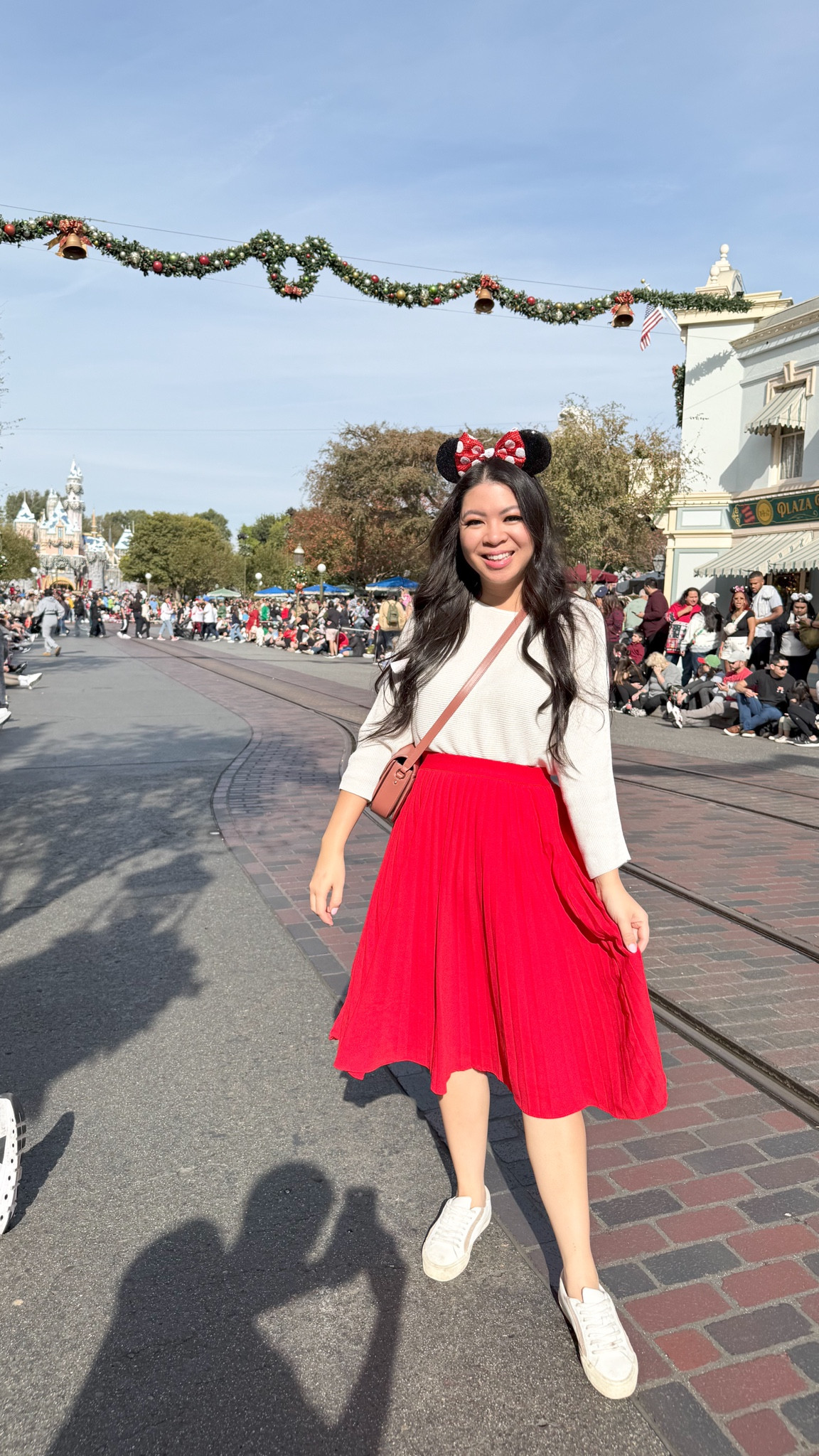 My Disney outfit! Pleated skirt, mouse ears, sezane bag 