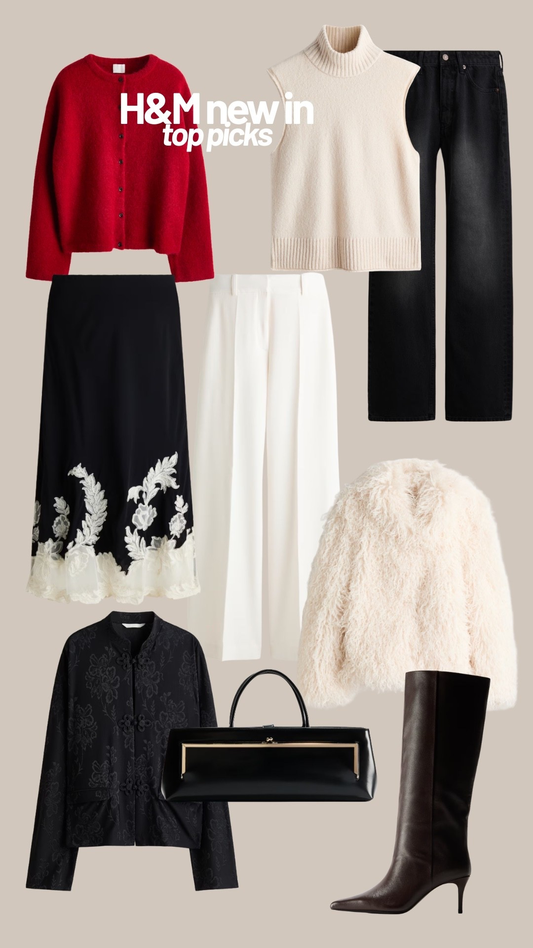 H&M new in top picks for autumn, knee high boots, knitwear, bootleg jeans, tailored trousers, red cardigan, mandarin jacket
