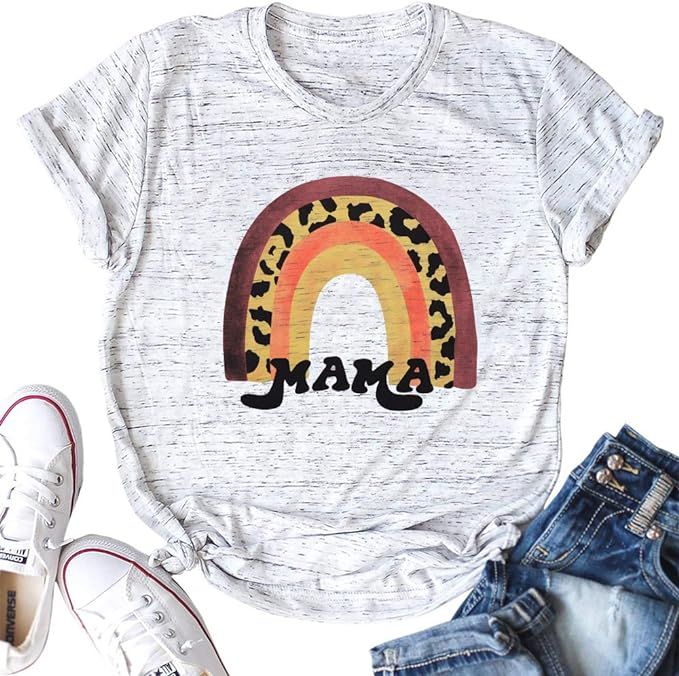Mama Shirt for Women Mama Leopard Graphic Rainbow Print T Shirt Mom Shirts Short Sleeve Casual Te... | Amazon (US)