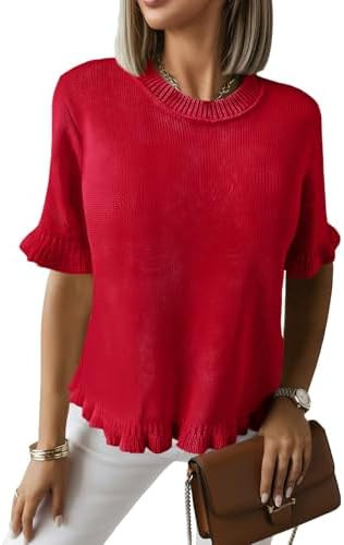 Saodimallsu Womens Short Sleeve Sweater Tops Summer Ruffle Casual Loose Fitting Crew Neck Knit Sh... | Amazon (US)