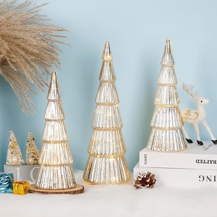3 Pcs Mercury Glass Christmas Tree with Lights Table Top Gold Christmas Tree Holiday Home Tableto... | Amazon (US)
