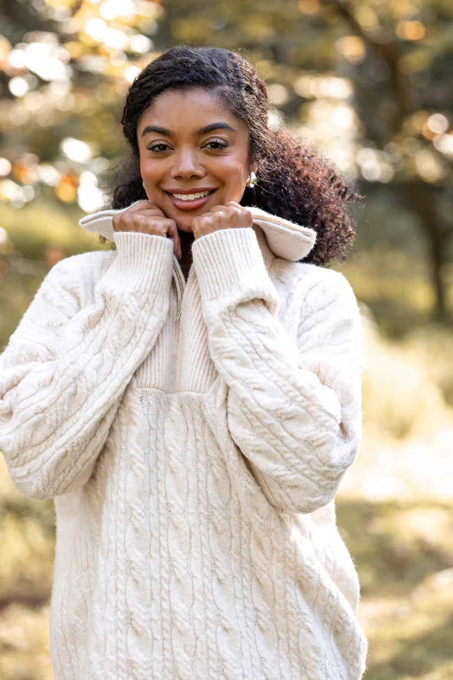 Chismer Beige Cable Knit Zip Up | Pink Lily