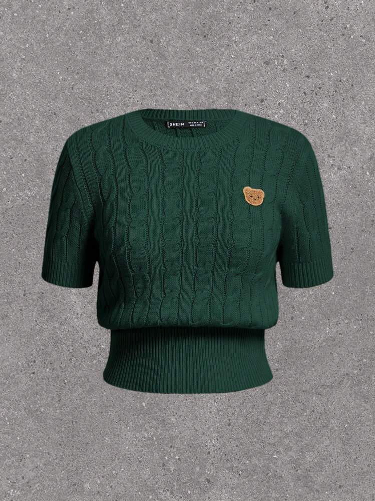 SHEIN EZwear Plus Size Women's Cute Bear Icon Textured Knit Short Sleeve Fitted Sweater Top In Wa... | SHEIN