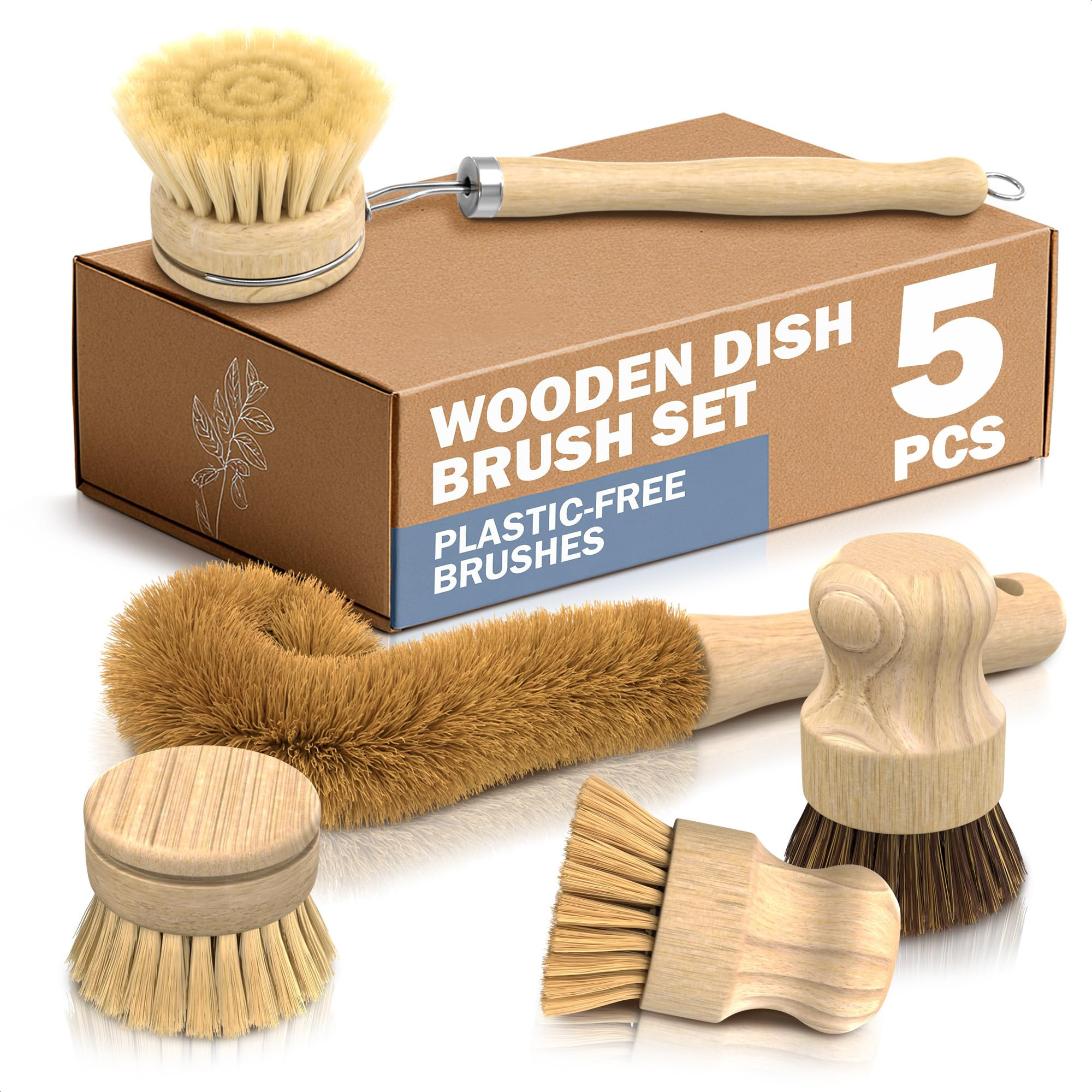 Juego de 5 cepillos de bambú para platos, cepillo de madera con mango ergonómico para fregar ol... | Amazon (US)