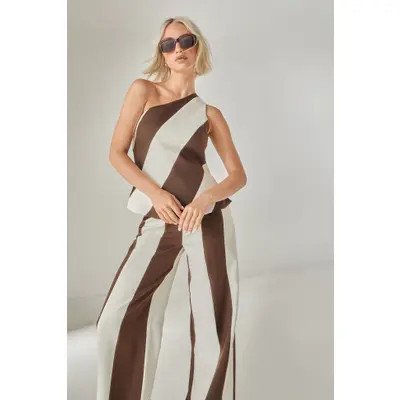 NASTY GAL Stripe Tailored One Shoulder Top in Chocolate at Nordstrom, Size 6 | Nordstrom