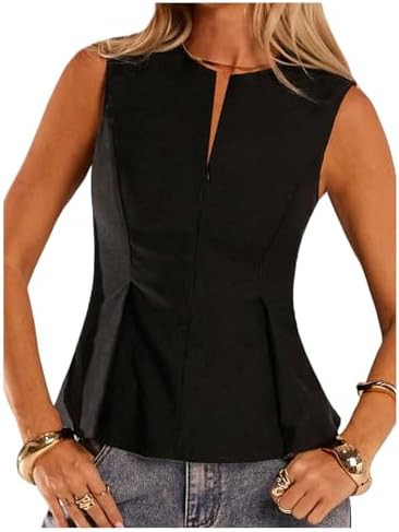 MakeMeChic Women's Crew Neck Tank Tops Ruffle Zip Front Sleeveless Work Dressy Shirt Blouse | Amazon (US)