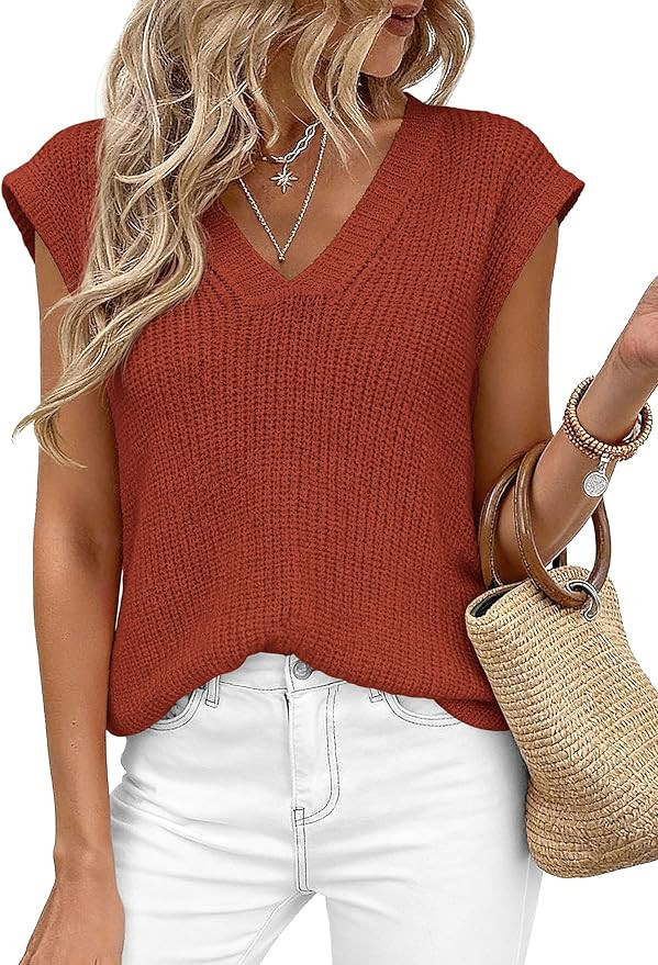PRETTYGARDEN Women's Cap Sleeve Sweaters Vest Summer Tops | Lightweight Knit, Crochet V Neck, Hig... | Amazon (US)