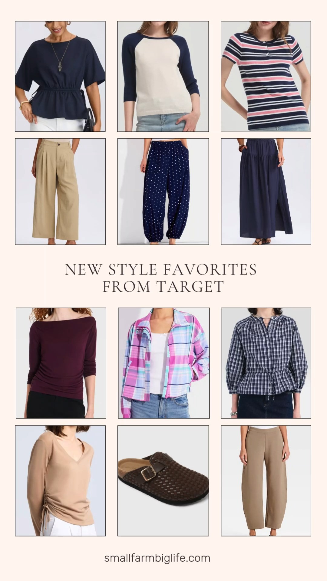 Target is rolling out fresh fall pieces across a few different brands, and this lineup covers everything from cozy layers to office ready basics. The Wild Fable mock neck zip jacket in pink blue plaid is a fun statement piece, while the navy polka dot balloon pants bring a playful silhouette that's still easy to style.

For easy everyday tops, the Universal Thread henley sweater in rose pink stripe and the raglan baseball sweater in navy colorblock both work well for casual fall days. The puff sleeve peplum blouse in navy white plaid adds a little more polish if you want to dress it up.

A New Day has some great workwear options this round too. The high rise tailored cropped trousers in oatmeal and the ponte barrel pants in tan are both easy to build a business casual outfit around, while the ruched boat neck top in maroon and the side tie jersey top in camel are simple layering pieces that work under a blazer or on their own. The side slit maxi skirt in navy is a nice transitional piece for a dressier fall look.

Finish things off with the Universal Thread Riley woven clogs in dark brown, an easy everyday shoe that pairs with almost everything above.

#target #targetstyle #fallfashion #falloutfits #targetfinds 

 #LTKgrwm #LTKootd #LTKOver40