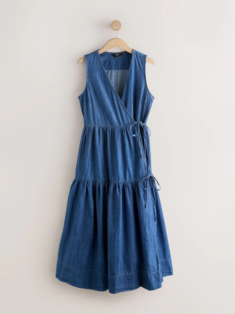 Mid Blue Denim Tiered Maxi Wrap Dress | Next US