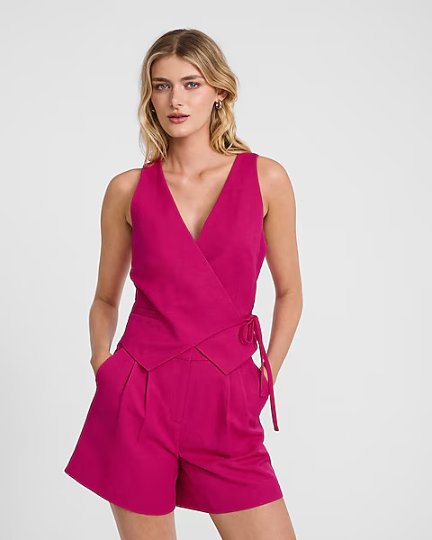 Linen-blend Asymmetrical Wrap Tie Blazer Vest | Express