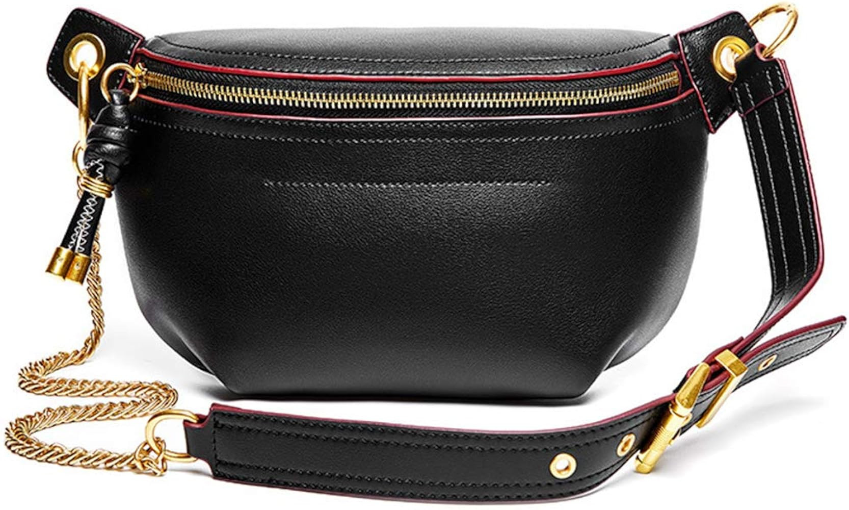 Women Chain Strap Cross-body Bags Genuine Leather Waist Bag with Zipper Closure for Daily (Black) | Amazon (US)