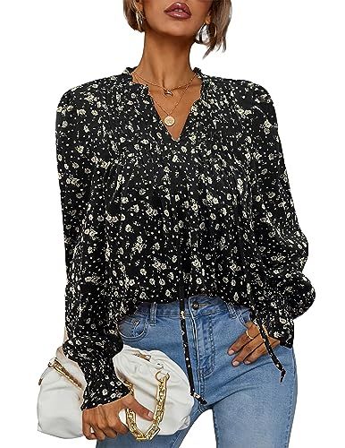 HOTOUCH Womens Long Sleeve Tops Boho Floral Printed Blouses Casual V Neck Pleated Drawstring Peas... | Amazon (US)