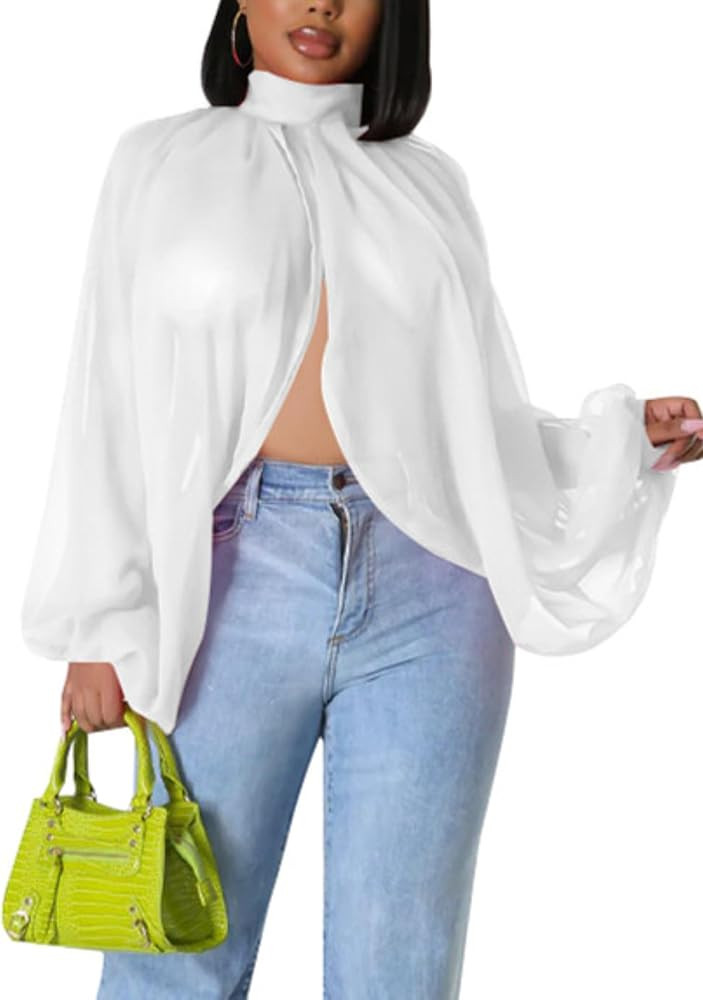 Sexy Tops for Women Party Club Night Batwing Sleeve Chiffon Sheer Self Tie Back Front Open Women ... | Amazon (US)