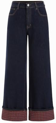 CIDER Wide Leg Jeans Stretchy Plaid Cuffed Folded Hem Straight Leg Denim | Amazon (US)