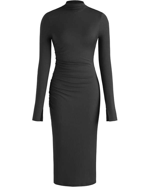 CIDER High Neck Solid Ruched Midi Dress | Amazon (US)