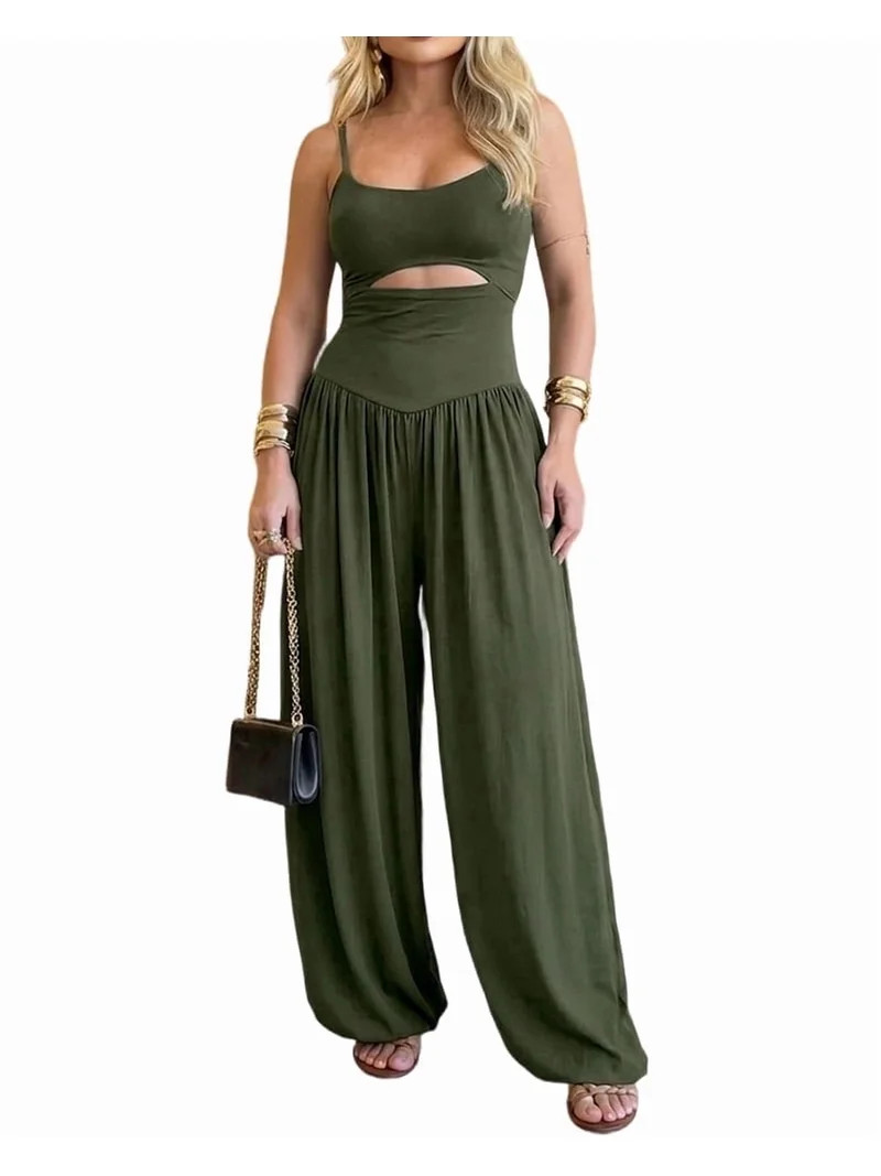 ChicMe Womens Jumpsuits Sleeveless Cut-Out Waist Backless Tie-Back Ruched Wide Leg Vacation Summe... | Walmart (US)