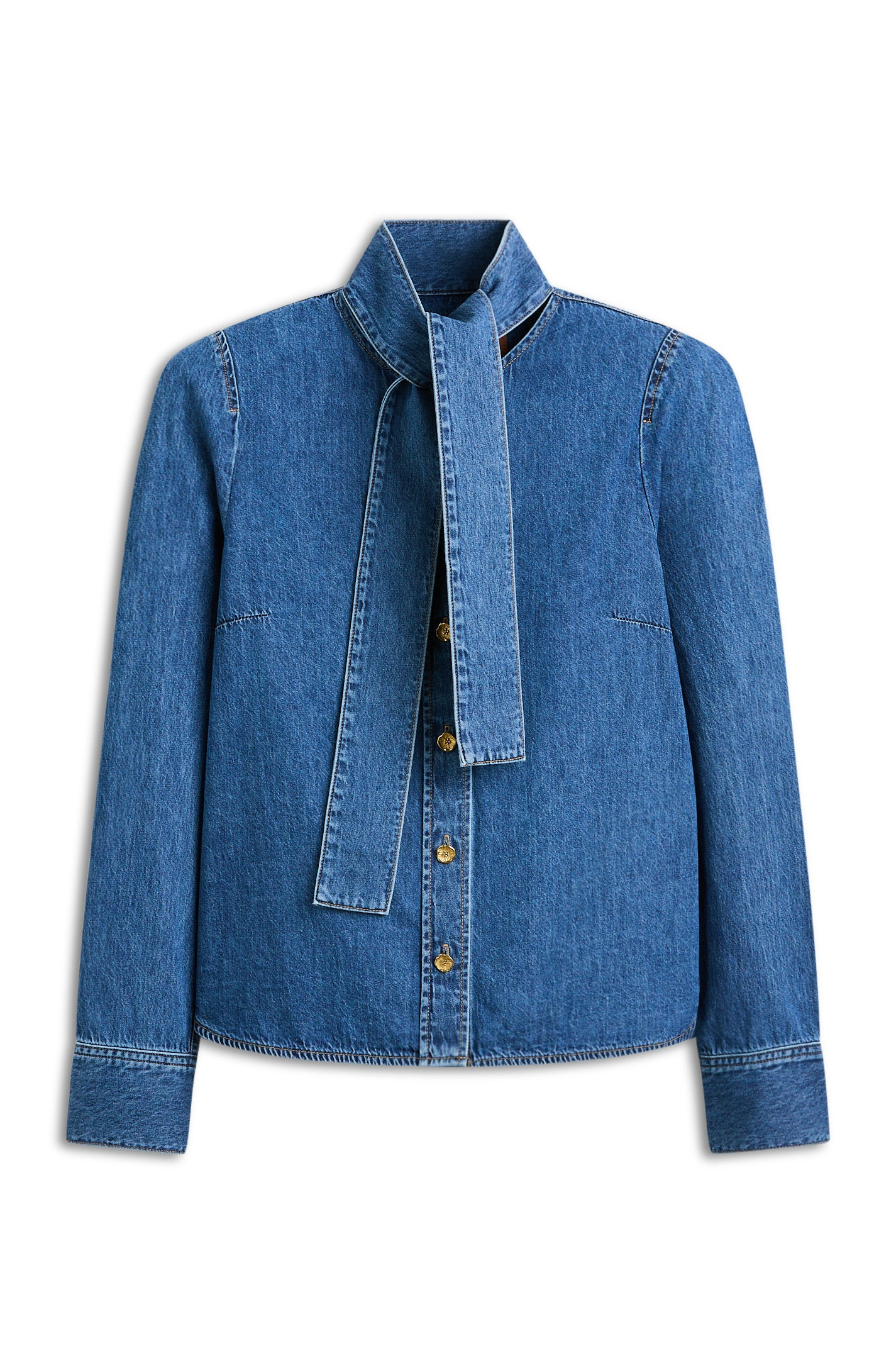 DENIM TIE NECK SHIRT - MID.INDIGO - Scanlan Theodore | Scanlan Theodore