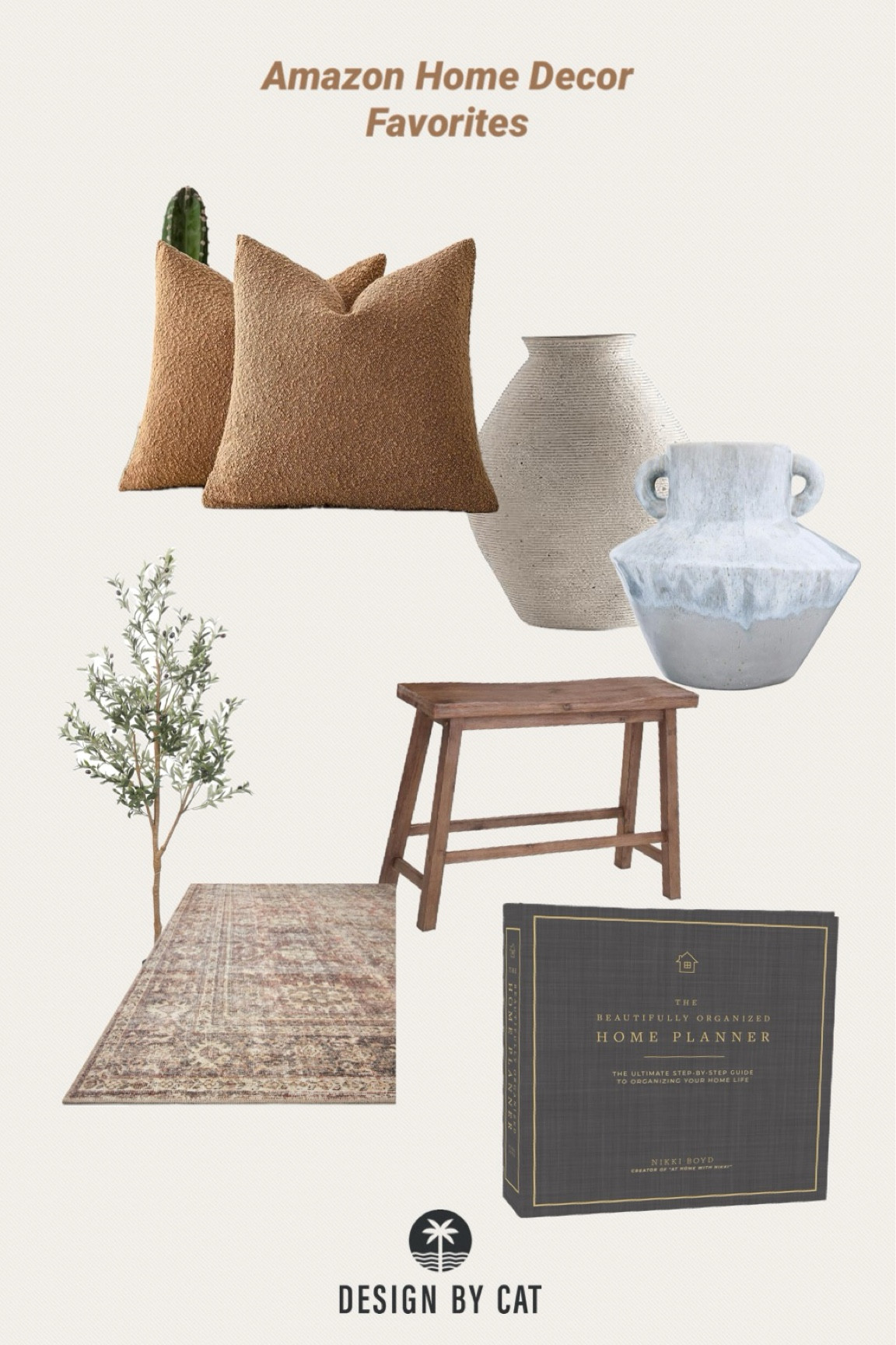 Amazon organic natural earthy home decor finds
Amazon affordable coffee table book
Affordable skinny wooden bench
Terracotta glazed vase with handles
Loloi affordable neutral rug
Sherpa style throw pillows
6 foot faux olive tree

#LTKhome