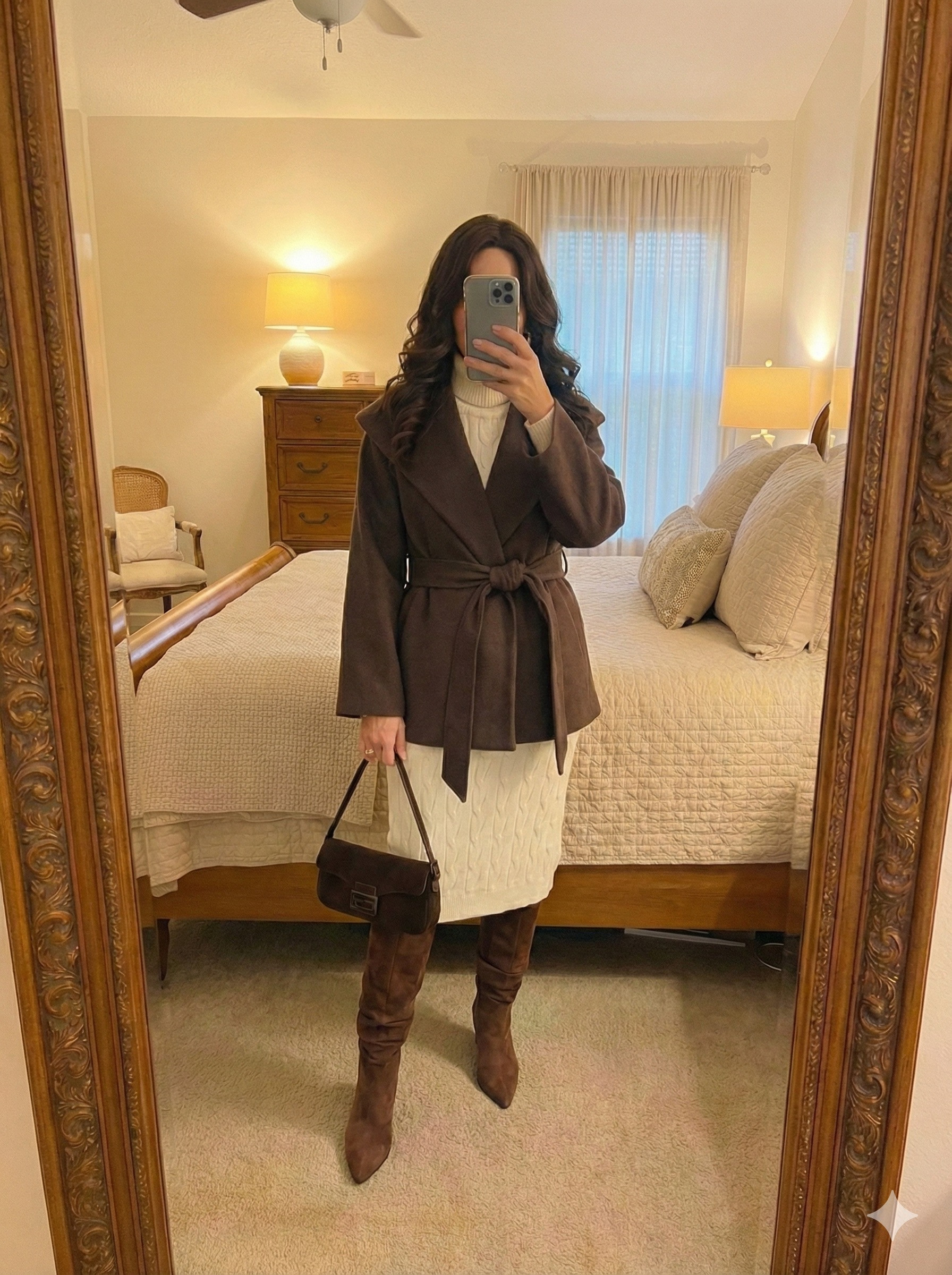 Stepping into winter with texture and tailoring. A belted wrap coat and knee-high suede boots instantly elevate this sweater dress look. 

 #LTKootd #LTKSeasonal #LTKOver40