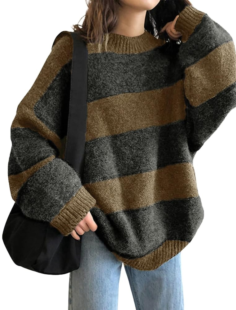EMMIOL Women's Oversized Striped Sweaters 2025 Fall Trendy Long Sleeve Knit Outfits Crewneck Fash... | Amazon (US)