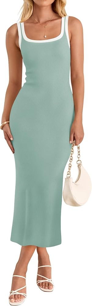 ZESICA Women's 2025 Summer Bodycon Midi Dress Casual Sleeveless Square Neck Side Slit Knit Vacati... | Amazon (US)