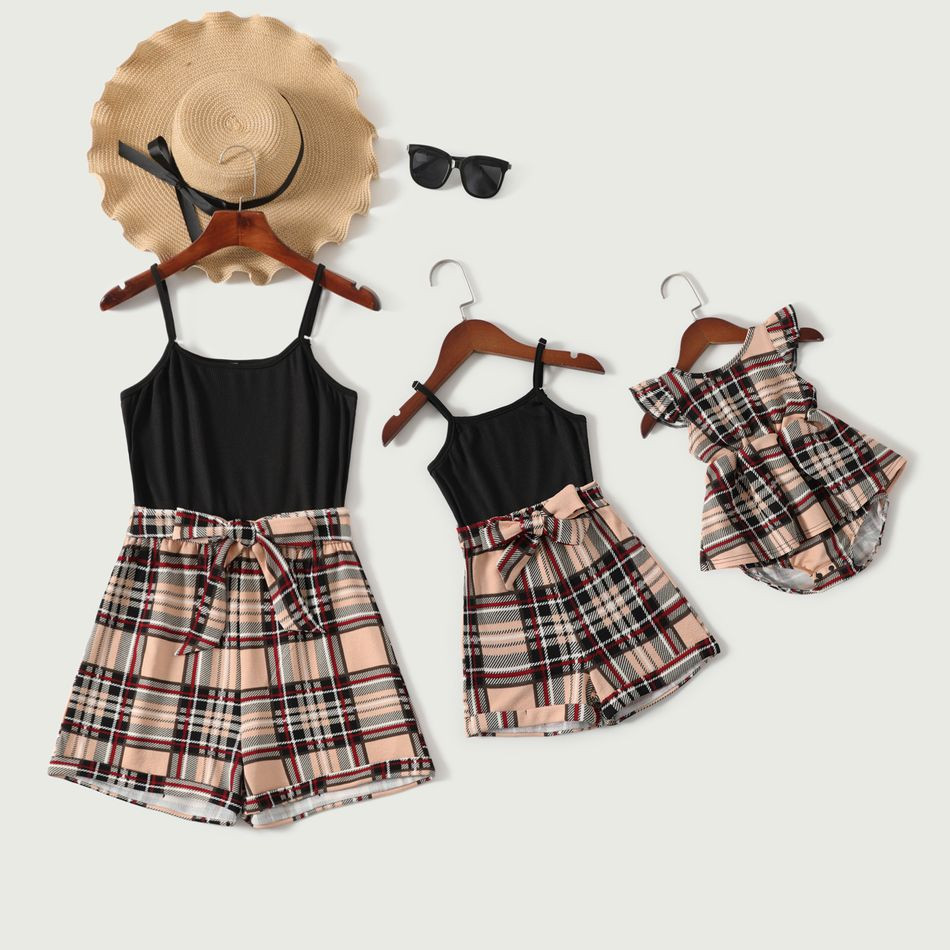 Black Ribbed Splicing Plaid Belted Spaghetti Strap Romper for Mom and Me Only $8.99 Patpat US | PatPat