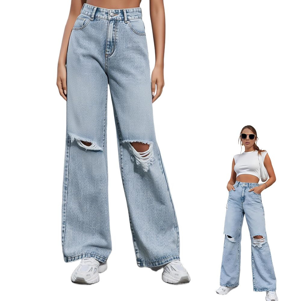 Women's Ripped Knees Baggy Jeans, High Waist Wide Leg Denim Pants Trendy Casual Jeans Loose Boyfr... | Amazon (US)