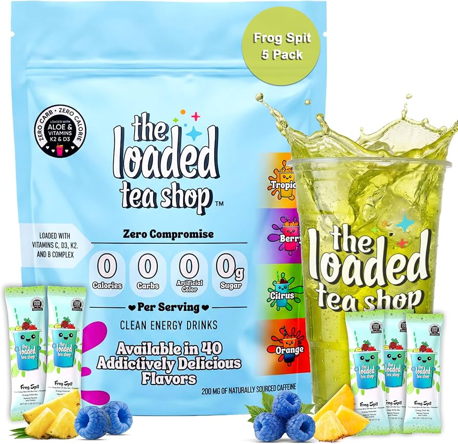 The Loaded Tea Shop Energy Drink Mix Sticks, Frog Spit 5 Pack, Sugar-Free, Zero Calories, 200mg N... | Amazon (US)
