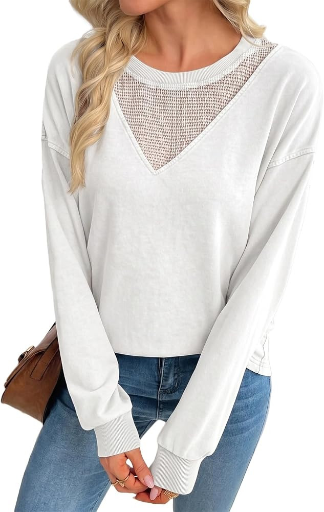 SHEWIN Women Acid Wash Out Sweatshirt Fall Ribbed Mesh Pullover Tops 2026 | Amazon (US)