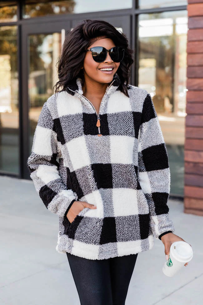 Ski Lodge Escape Black Plaid Sherpa Quarter Zip Pullover FINAL SALE | The Pink Lily Boutique