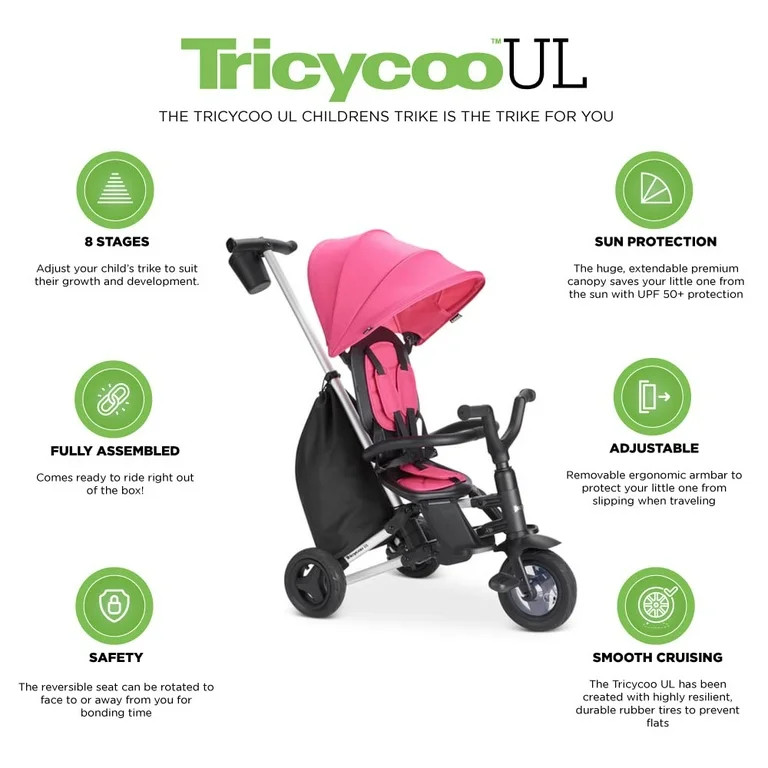 joovy Tricycoo UL Unisex Kids Tricycle with 8 Stages, Parent Handle & Retractable Canopy, PinkCru... | Walmart (US)