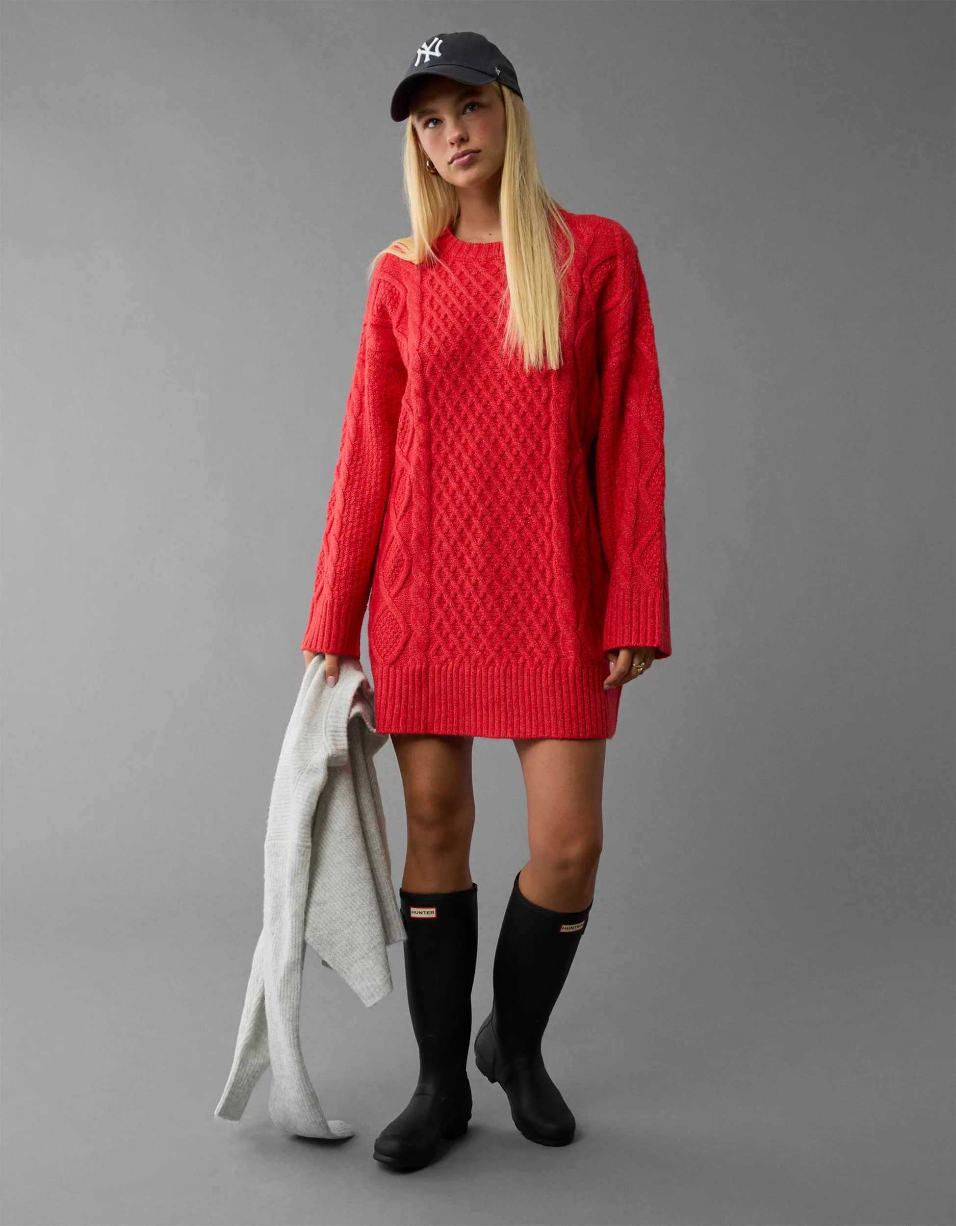 AE Long-Sleeve Cable Knit Sweater Mini Dress | American Eagle Outfitters (US & CA)