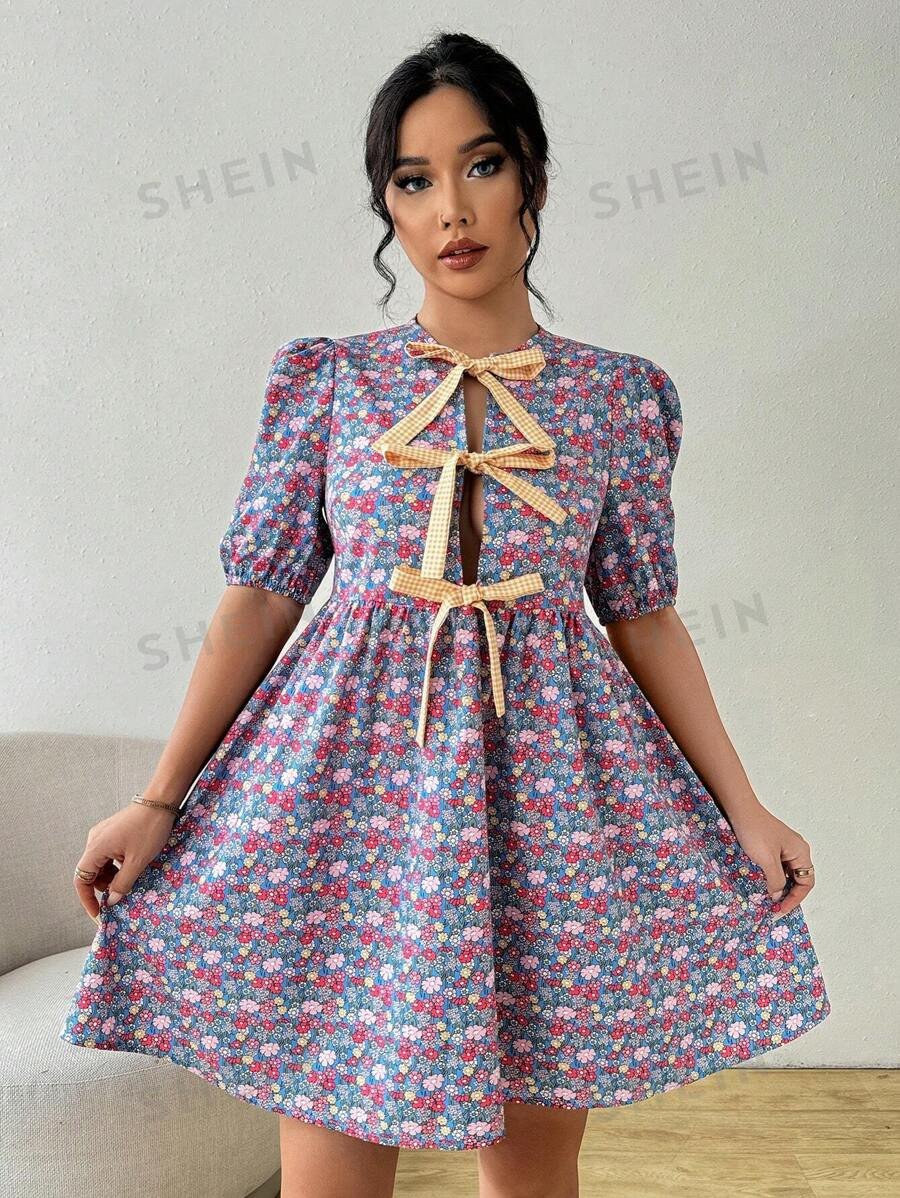 SHEIN Frenchy Ladies' V-Neck Tie-Up Dress | SHEIN