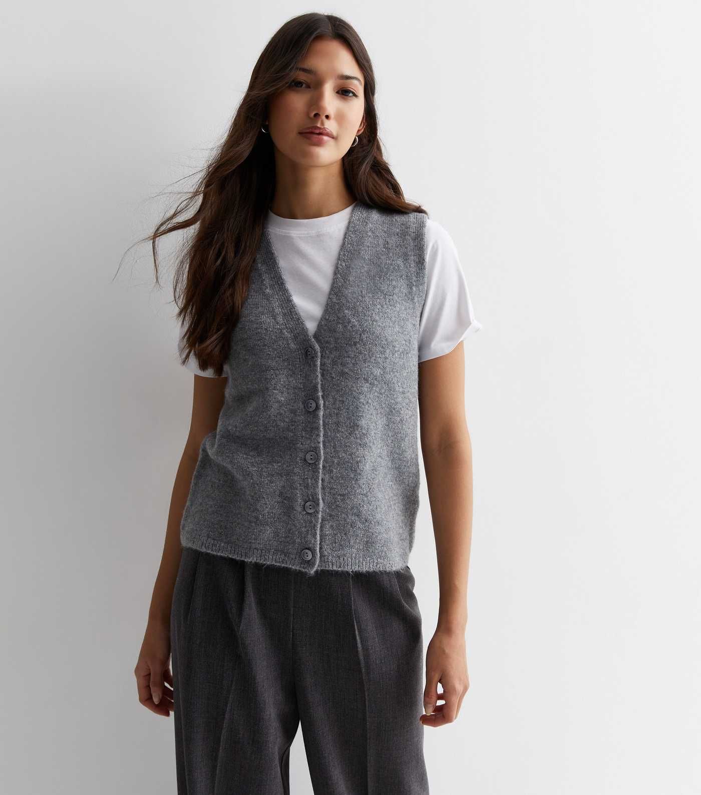 Grey Knit Button Front Vest | New Look | New Look (UK)
