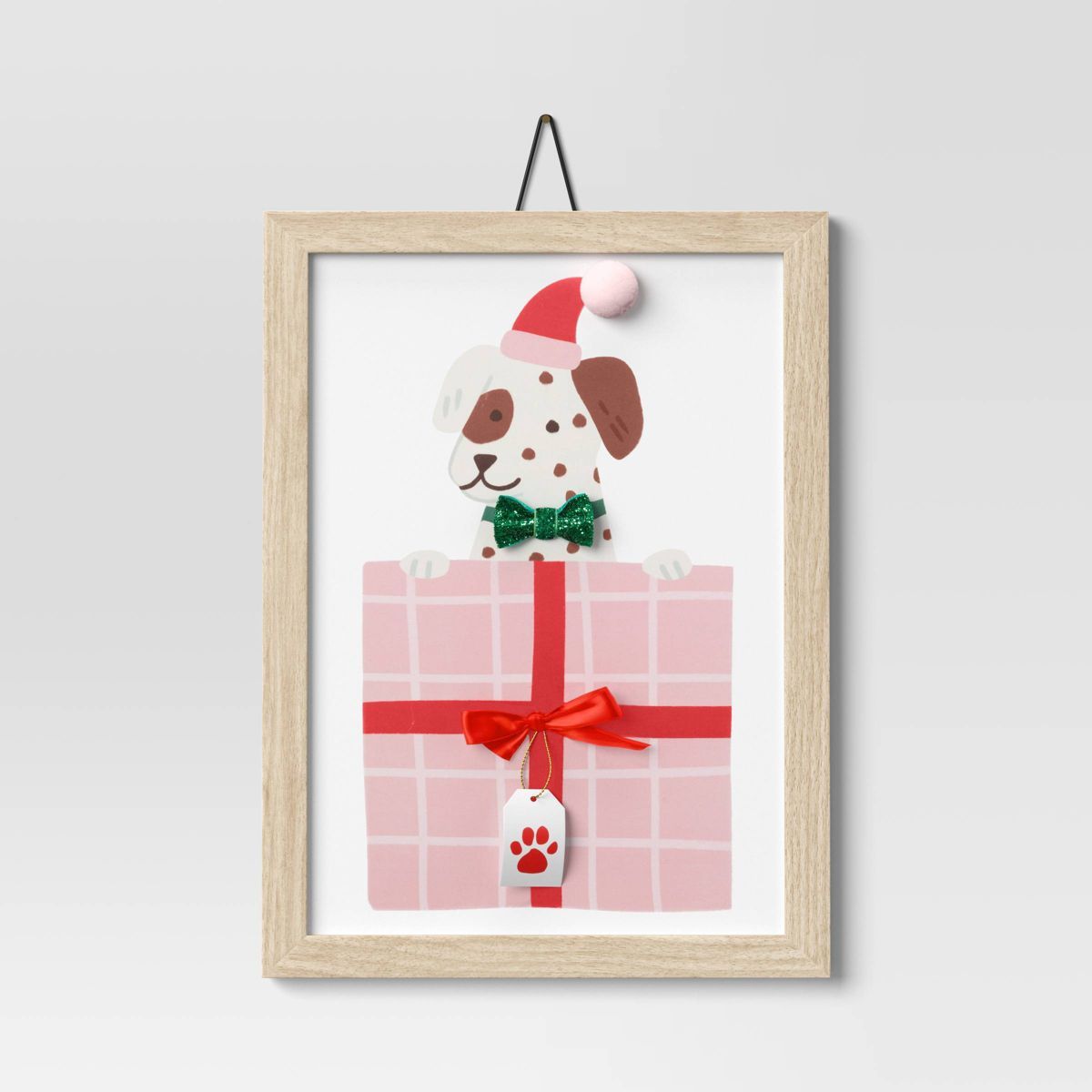 13.38"x9.75" Dog in Christmas Gift Wood Wall Art White/Pink - Wondershop™ | Target