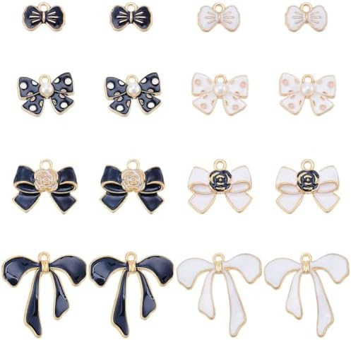 SUNNYCLUE 1 Box 48Pcs 8 Styles Black White Bow Charms Bulk Bowknot Charms Mini Enamel Pearl Flowe... | Amazon (US)