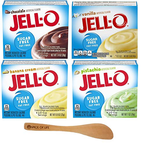 Jell-O Sugar Free Instant Pudding Variety, Chocolate, Vanilla, Banana Creme, and Pistachio, One 1 oz Box of Each Flavor with Spice of Life Mini Bamboo Spatula | Amazon (US)