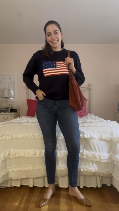 American flag sweater, navy sweater, Walmart fashion, fall fashion, usa flag, team usa, skinny jeans, brown mules, red tote bag, longchamp bag, fall clothes, fall outfit 

#LTKSeasonal #LTKfindsunder50 #LTKVideo