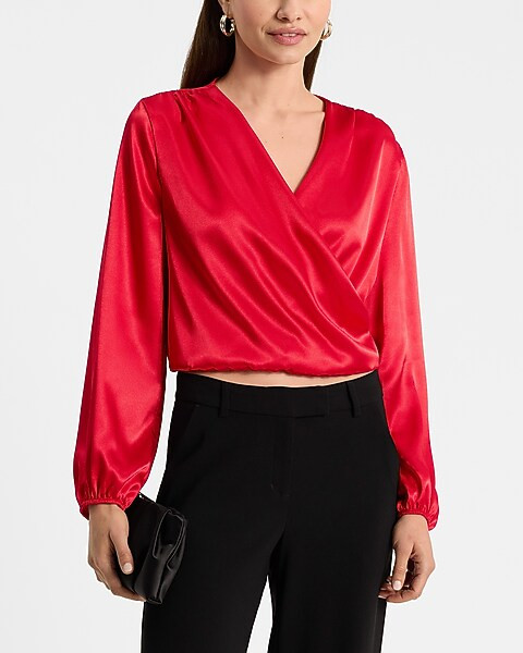 Satin V-Neck Long Sleeve Surplice Top | Express