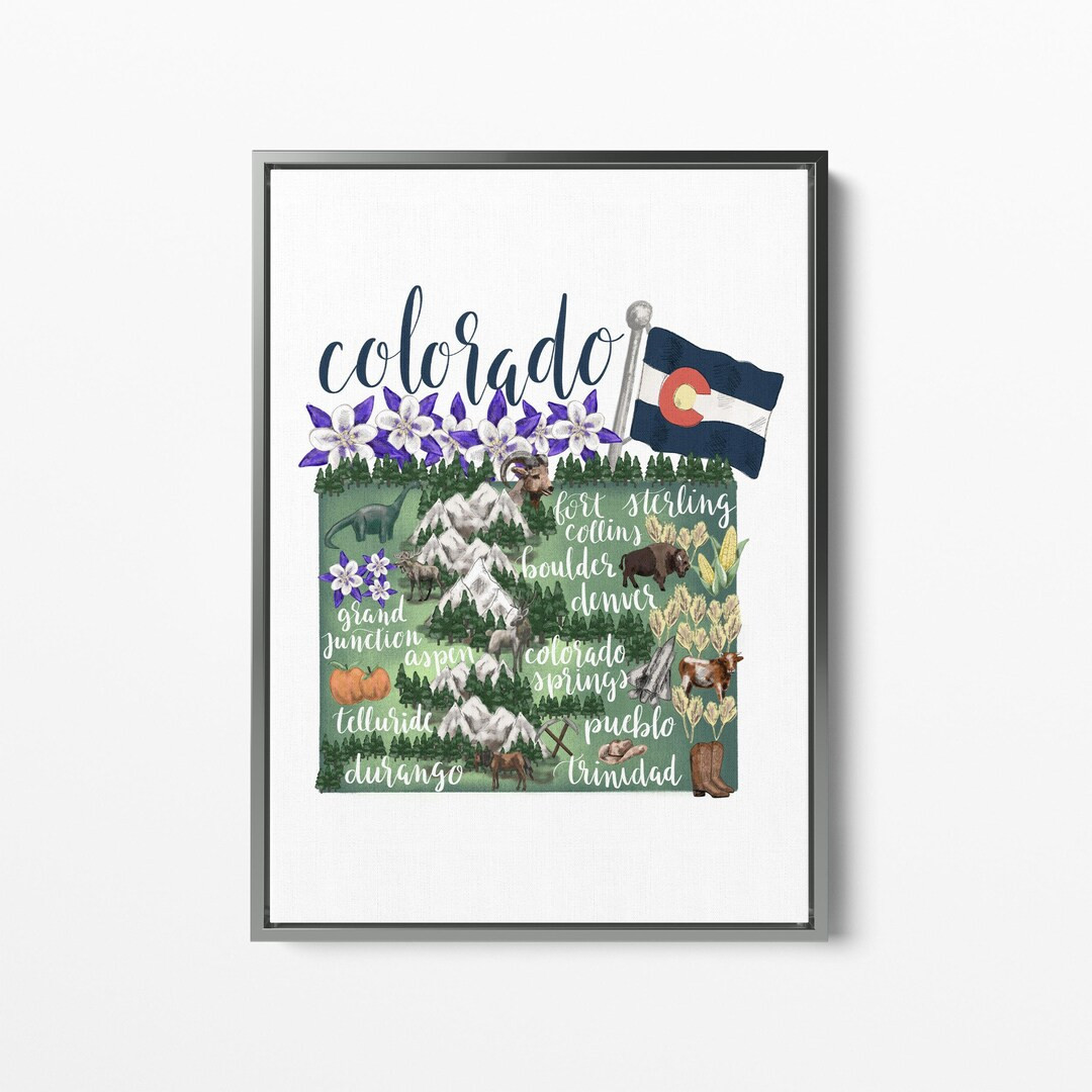Colorado State Map Illustrated CO Landmark Art, Hometown Gift for Denver, Colorado Springs, or Bo... | Etsy (US)
