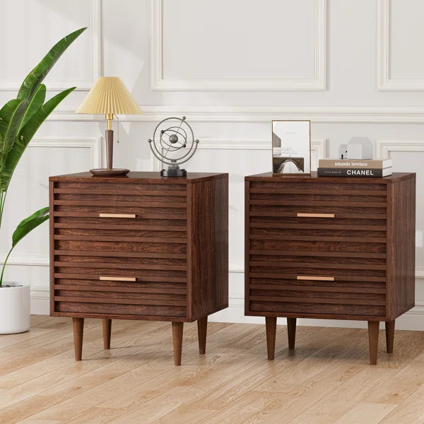 Jamyira 2 - Drawer Nightstands Set, Mid Century Modern End Table , Wooden Bedside Table In Brown | Wayfair North America