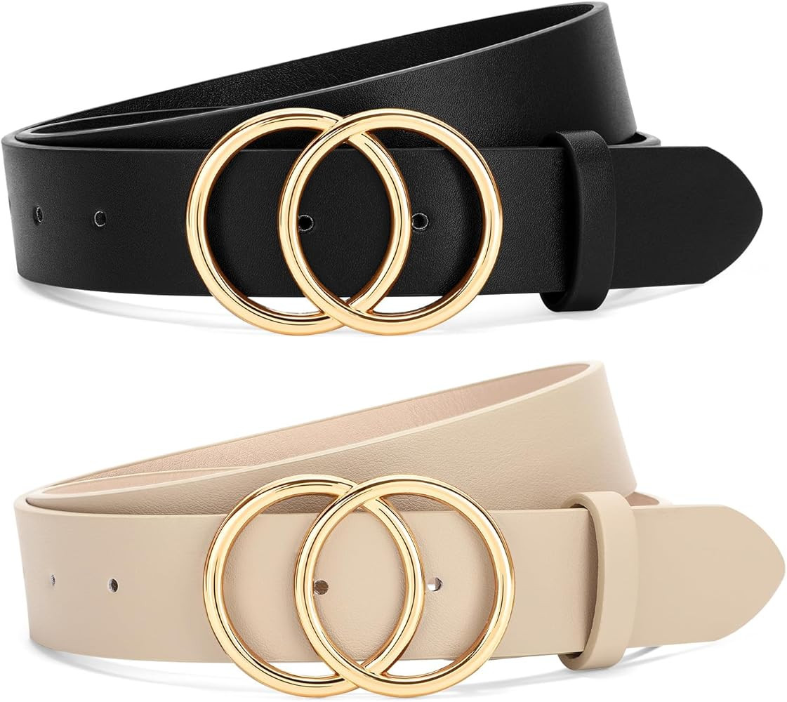 SANSTHS 2 Pack Women Leather Belts Faux Leather Jeans Belt with Double O Ring Buckle | Amazon (US)