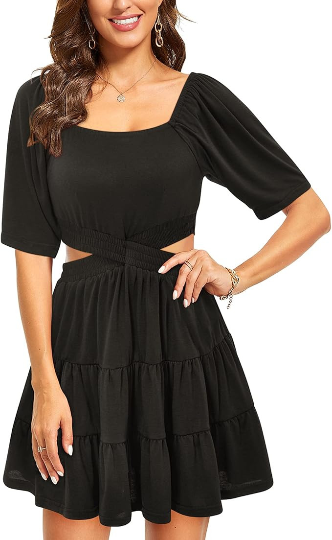 OUGES Womens Summer Casual Ruffle Square Neck Elastic Waist Cut Out Short Dress | Amazon (US)
