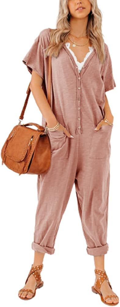 Aoysky Oversize Women's One Piece Button Up Jumpsuit Casual Loose Short Sleeve V Neck Onesies Romper | Amazon (US)