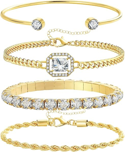 17IF 4 Pcs Dainty Gold Silver Bracelets Set for Women, 14K Plated Link | Amazon (US)