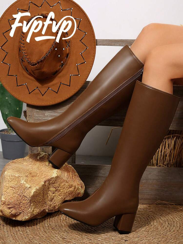 FVPFVP Inspired Patent Leather Square Toe Tall Boots, Slim Fit Chunky Heel Riding Boots For Women, Autumn/Winter,Western Style,Brown Boots | SHEIN