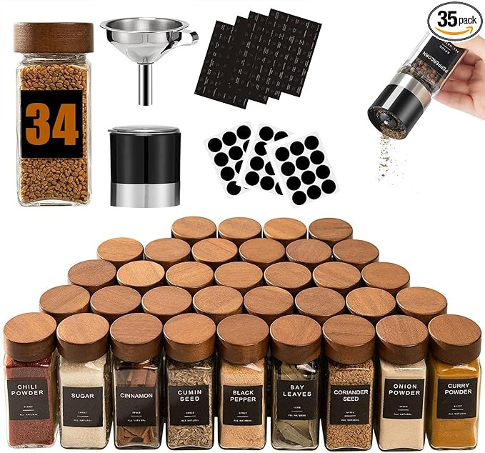 Yangbaga 34Pcs Glass Spice Jars with Labels-4oz Acacia Wood Lid Square Spice Containers with Pepp... | Amazon (US)