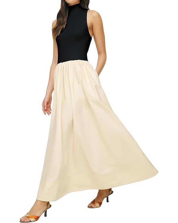 Lauweion Women's Sleeveless Turtleneck Maxi Dress Patchwork Casual Solid Flowy Mock Neck Long Dre... | Amazon (US)